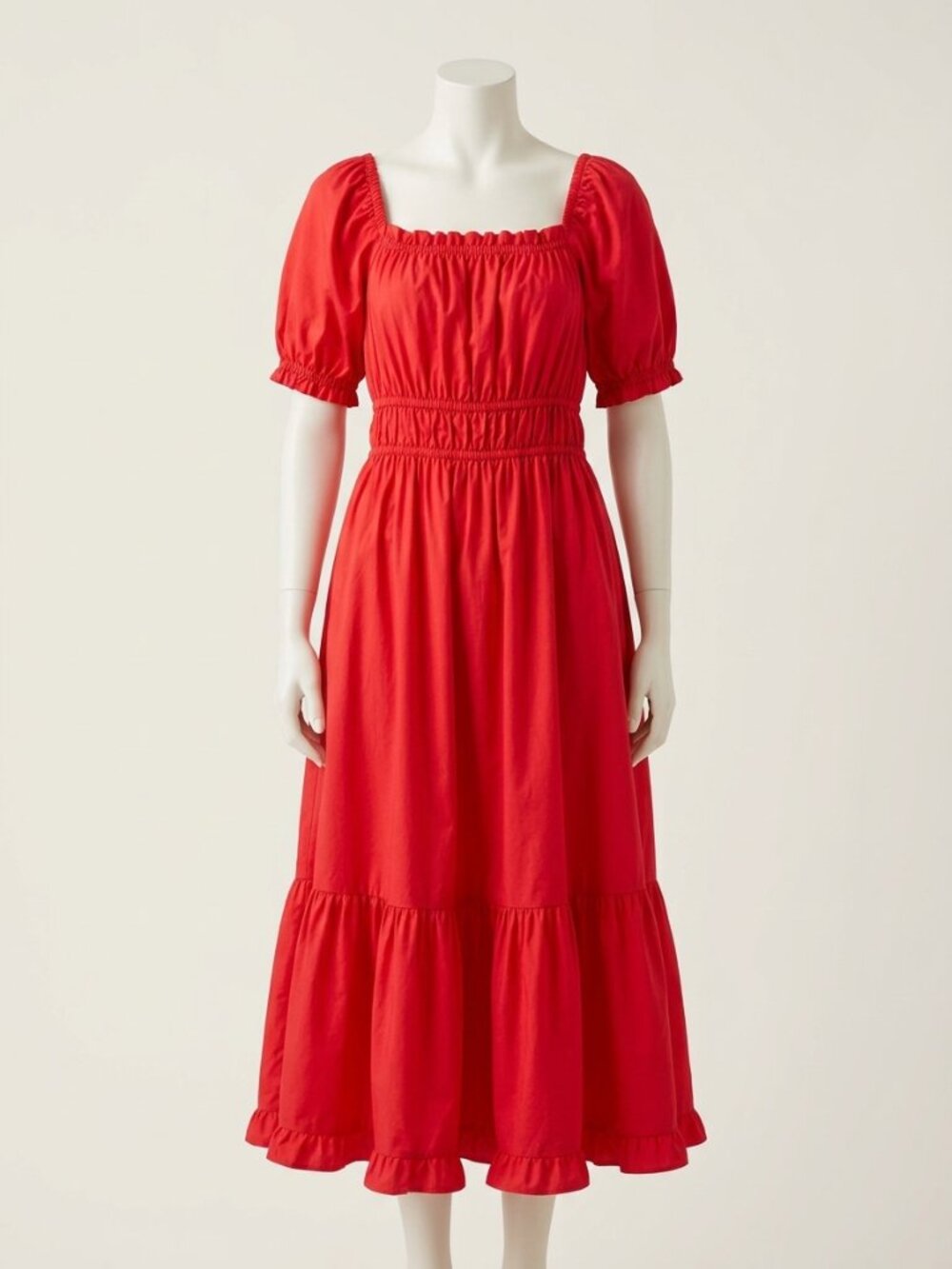 Red Puff Sleeve Smocked Midi Dress | Square Neck Tiered Ruffle Hem